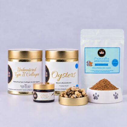 Natural joint support for dogs bundle with Undenatured Type II Collagen, Samudra Sardine Fish Mousse and Oysters